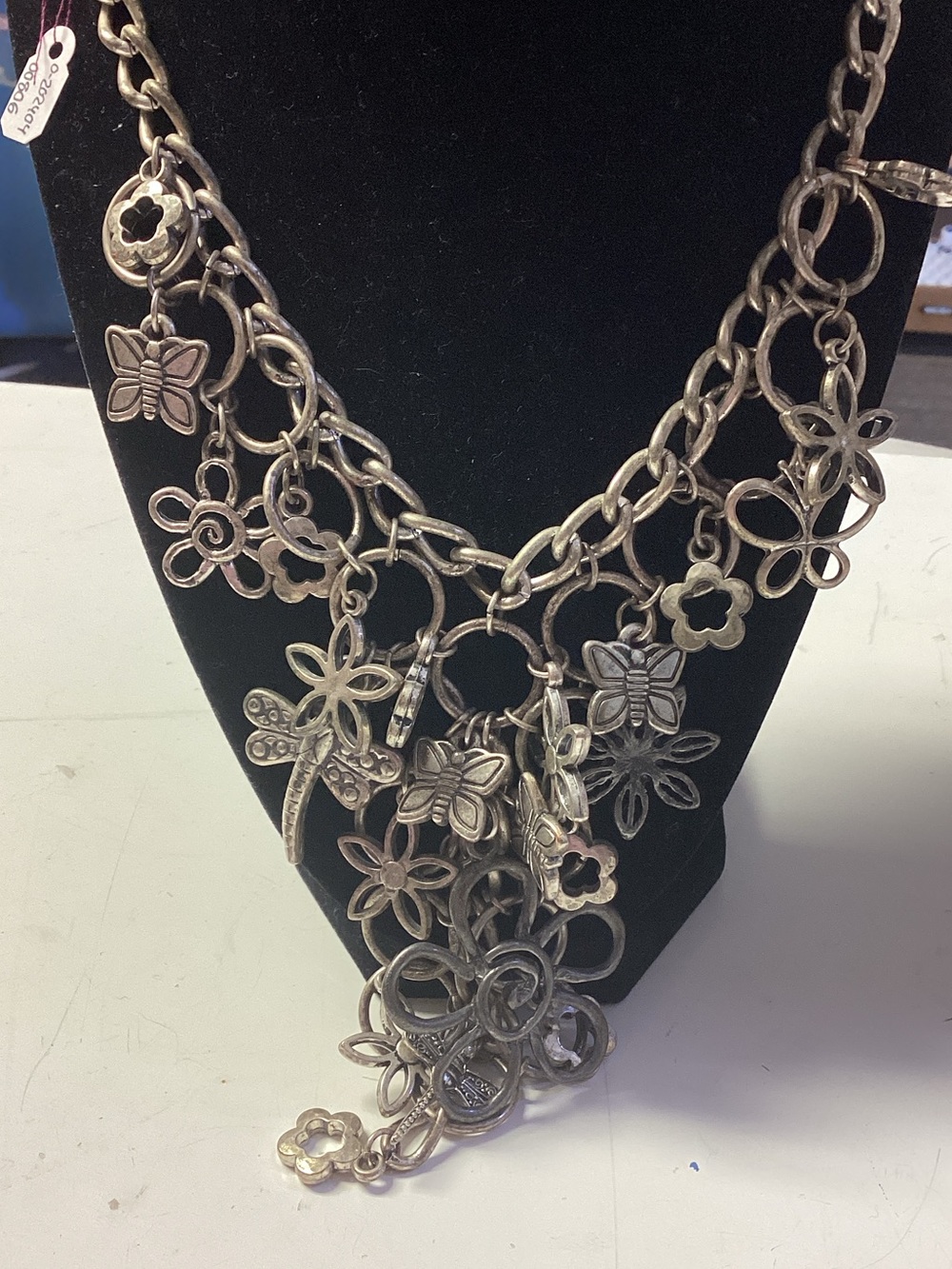 Silver Flower & Butterfly Charm Multi-Chain Necklace